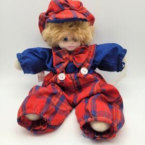 Classic Treasures Porcelain Clown Doll Sand Body Megan Sitting Down Plaid 9"